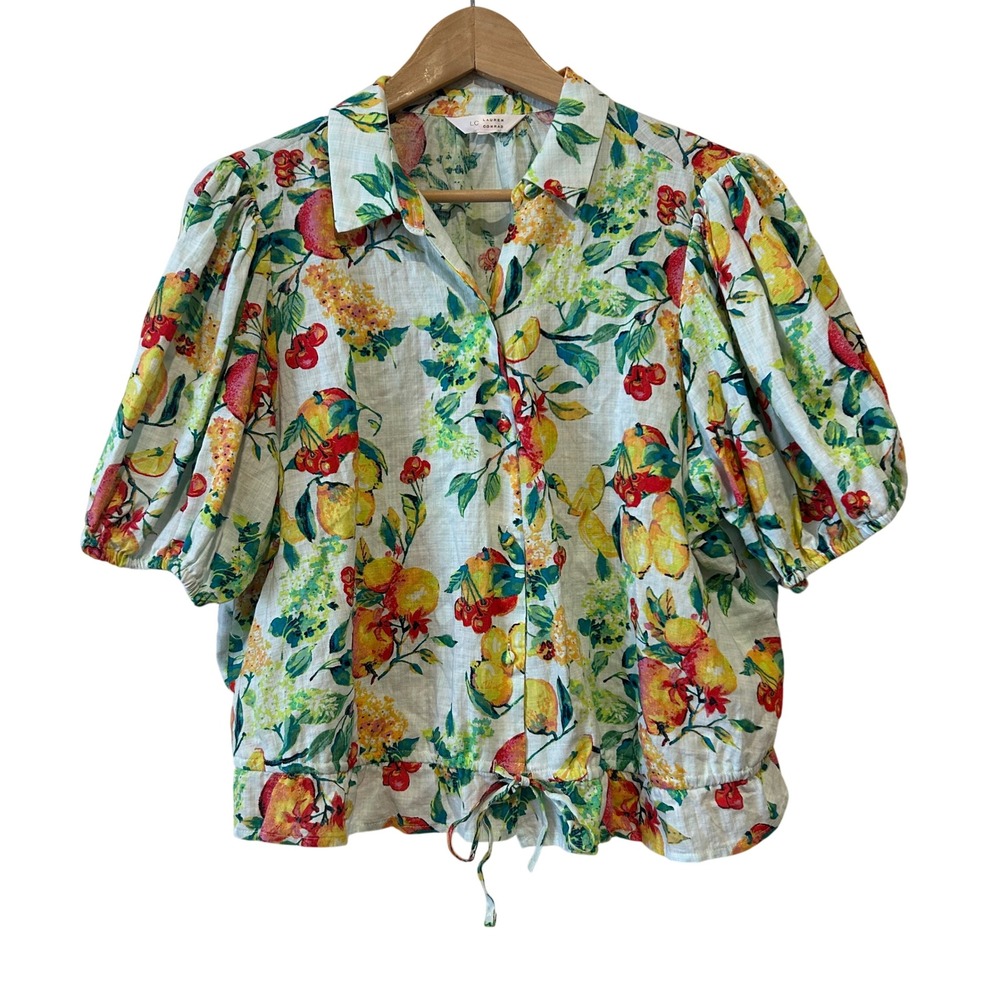 LC Lauren Conrad Cream Floral Puff-Sleeve Button Front Top